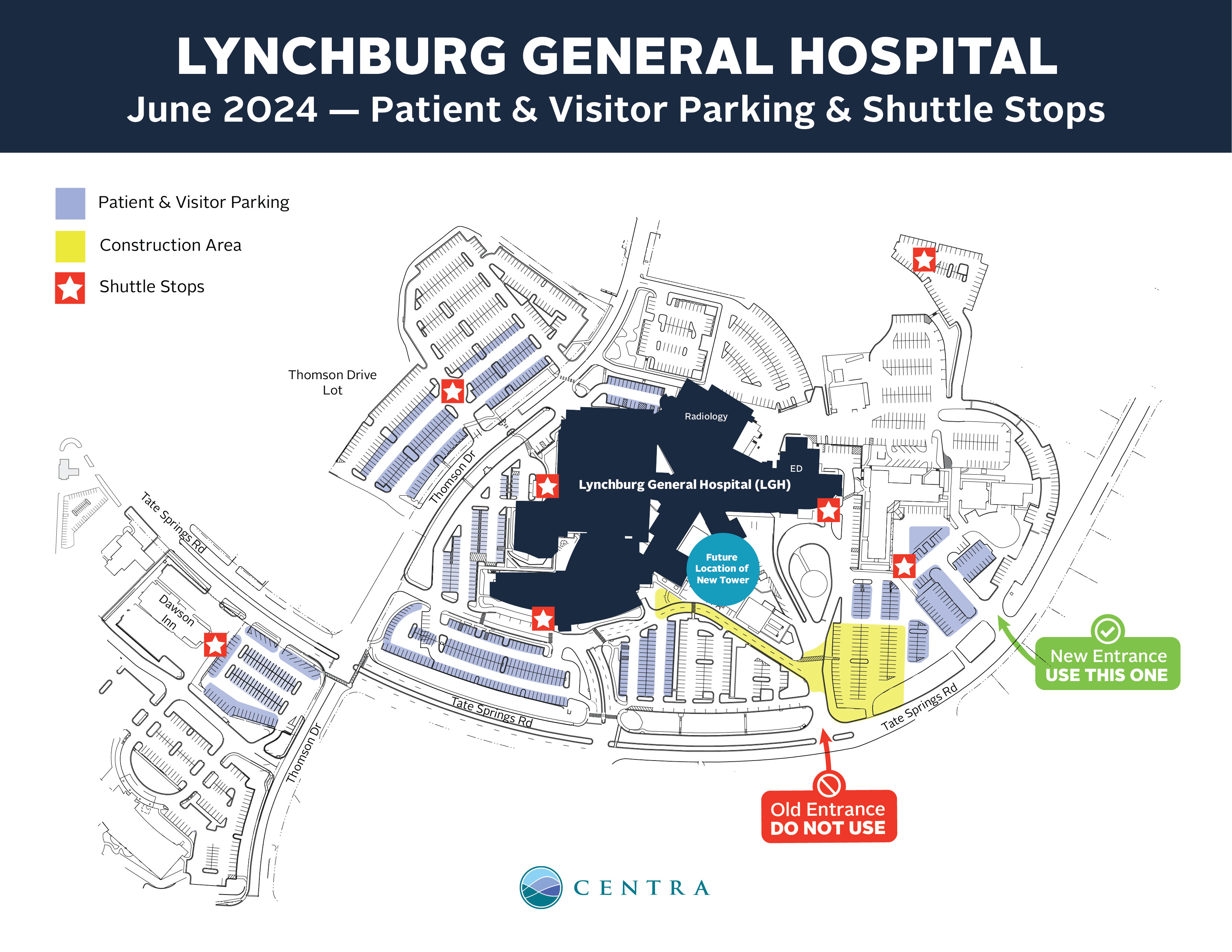 Map of the Lynchburg General Campus, modified traffic patterns, and shuttle stop locations.